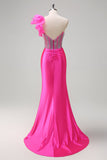 Vestido de fiesta largo con volantes extraíbles de un hombro fucsia sirena con abertura