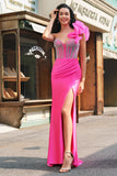 Vestido de fiesta largo con volantes extraíbles de un hombro fucsia sirena con abertura