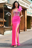 Vestido de fiesta largo con volantes extraíbles de un hombro fucsia sirena con abertura