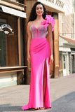 Vestido de fiesta largo con volantes extraíbles de un hombro fucsia sirena con abertura