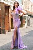 Vestido de fiesta largo con volantes extraíbles de un hombro fucsia sirena con abertura