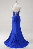 Vestido de fiesta largo con tirantes de espagueti de sirena azul real brillante con apliques