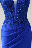 Vestido de fiesta largo con tirantes de espagueti de sirena azul real brillante con apliques