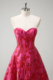 Vestido de fiesta con corsé largo de princesa jacquard floral fucsia con abertura