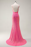 Vestido de fiesta de sirena con corsé de lentejuelas rosa intenso brillante con abertura