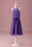 Vestido corto de dama de honor junior con cinturón Halter Purple Keyhole A Line