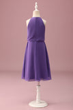 Vestido corto de dama de honor junior con cinturón Halter Purple Keyhole A Line