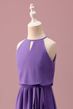 Vestido corto de dama de honor junior con cinturón Halter Purple Keyhole A Line