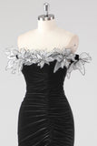 Vestido formal plisado palabra de honor sirena negro con flores 3D