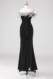 Vestido formal plisado palabra de honor sirena negro con flores 3D