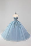 Vestido de Quinceañera de Tul Strapless Azul Gris Princesa con Apliques