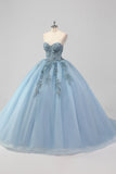 Vestido de Quinceañera de Tul Strapless Azul Gris Princesa con Apliques