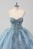 Vestido de Quinceañera de Tul Strapless Azul Gris Princesa con Apliques