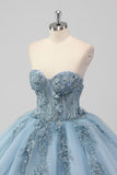 Vestido de Quinceañera de Tul Strapless Azul Gris Princesa con Apliques