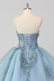 Vestido de Quinceañera de Tul Strapless Azul Gris Princesa con Apliques