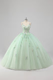 Vestido de Fiesta Verde Princesa Tirantes de Espagueti Vestido de Quinceañera de Tul con Apliques de Flores 3D