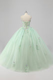 Vestido de Fiesta Verde Princesa Tirantes de Espagueti Vestido de Quinceañera de Tul con Apliques de Flores 3D