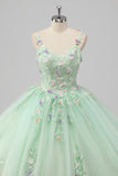 Vestido de Fiesta Verde Princesa Tirantes de Espagueti Vestido de Quinceañera de Tul con Apliques de Flores 3D