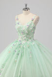 Vestido de Fiesta Verde Princesa Tirantes de Espagueti Vestido de Quinceañera de Tul con Apliques de Flores 3D