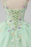 Vestido de Fiesta Verde Princesa Tirantes de Espagueti Vestido de Quinceañera de Tul con Apliques de Flores 3D