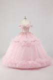 Vestido de fiesta Princess Blush con volantes de hombros fríos Vestido de quinceañera de tul con bordado de lentejuelas