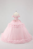 Vestido de fiesta Princess Blush con volantes de hombros fríos Vestido de quinceañera de tul con bordado de lentejuelas