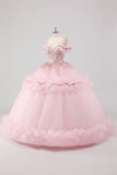 Vestido de fiesta Princess Blush con volantes de hombros fríos Vestido de quinceañera de tul con bordado de lentejuelas