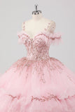 Vestido de fiesta Princess Blush con volantes de hombros fríos Vestido de quinceañera de tul con bordado de lentejuelas