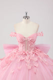 Vestido de fiesta rosa de la princesa Blush con hombros descubiertos Vestido de quinceañera de tul de mariposa con lazo