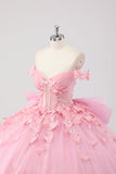 Vestido de fiesta rosa de la princesa Blush con hombros descubiertos Vestido de quinceañera de tul de mariposa con lazo