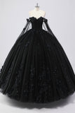 Vestido de gala negro con hombros descubiertos Vestido de quinceañera de tul con flores en 3D