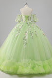 Princesa Limón Verde Tul Vestido de Fiesta Vestido Largo de Quinceañera con Apliques