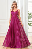 Vestido formal largo plisado con tirantes de espagueti fucsia brillante