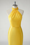 Vestido de fiesta largo de satén halter de sirena amarillo