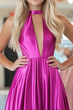 Elegante vestido de fiesta largo plisado con cuello en V fucsia y cuello halter en V