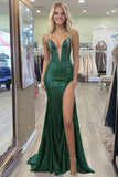 Tirantes de espagueti brillantes Vestido de fiesta de sirena verde oscuro con abertura