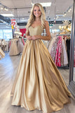 Vestido de fiesta dorado brillante A Line Sweetheart con pliegues