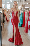 Elegante vestido de fiesta largo de lentejuelas sirena con cuello en V rojo con abertura