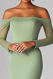 Sexy Sage Off the Shoulder Mermaid Vestido de Fiesta Largo Fruncido con Manguitos Largos