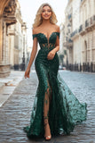 Chia Verde Oscuro Vestido de Fiesta Largo de Lenjuelas de Sirena con Hombros Descubiertos con Bordado