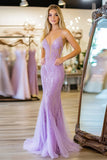 Vestido de fiesta de encaje de sirena con tirantes finos lilas