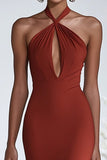 Halter Terracota Gasa Volantes Vaina Vestido Gala Rojo