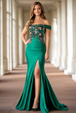 Sirena verde brillante con apliques de hombros Madre de la novia Vestido con abertura