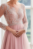 A Line Blush Cuello Barco Manga Larga Tul Largo Madre De La Novia Vestido