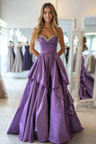 Plum Taffeta Sweetheart Una línea Vestido de Fiesta Largo Plisado Con Volantes