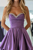 Plum Taffeta Sweetheart Una línea Vestido de Fiesta Largo Plisado Con Volantes