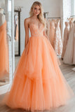 Vestido de fiesta largo de tul con apliques de encaje de princesa naranja