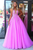 Vestido de fiesta largo de tul con tirantes de espagueti princesa fucsia con apliques