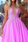 Vestido de fiesta largo de tul con tirantes de espagueti princesa fucsia con apliques