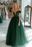 Vestido de fiesta largo de tul con hombros descubiertos de princesa verde oscuro con apliques de encaje